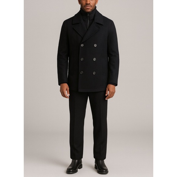 Kenneth Cole Men's Wool Blend Peacoat Jacket 46% Wool Double Breasted Black Sz M